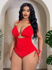 Slaydiva New Wavy Hollow Design Plus Size One-Piece Swimsuit, Slimming High Waist Ruched For Women - Red - View 5