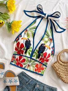Soleia Áo tank top ngắn thời trang dành cho nữ, kiểu dáng nghỉ mát, in hình chim toucan và cây nhiệt đới, cổ yếm, eo thắt. - Nhiều màu - Xem 3