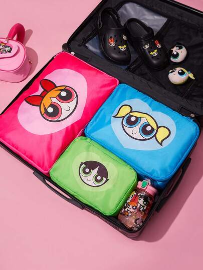 THE POWERPUFF GIRLS X SHEIN Túi đựng đồ in hình hoạt hình dễ thương, phân loại đồ đạc, nhiều kích cỡ để lựa chọn, phù hợp với nhiều kích cỡ túi, hoàn hảo cho những chuyến đi ngắn, dài, cất giữ đồ dùng gia đình hàng ngày và nhiều dịp khác, phù hợp cho bé trai, bé gái, nam, nữ và học sinh, tình bạn, hoa nở, bong bóng, hoa mao lương.