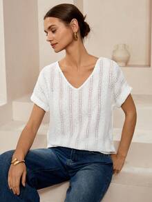 春夏时尚简约休闲白色针织纹理V领插肩短袖T恤 - 白色 - 查看 7