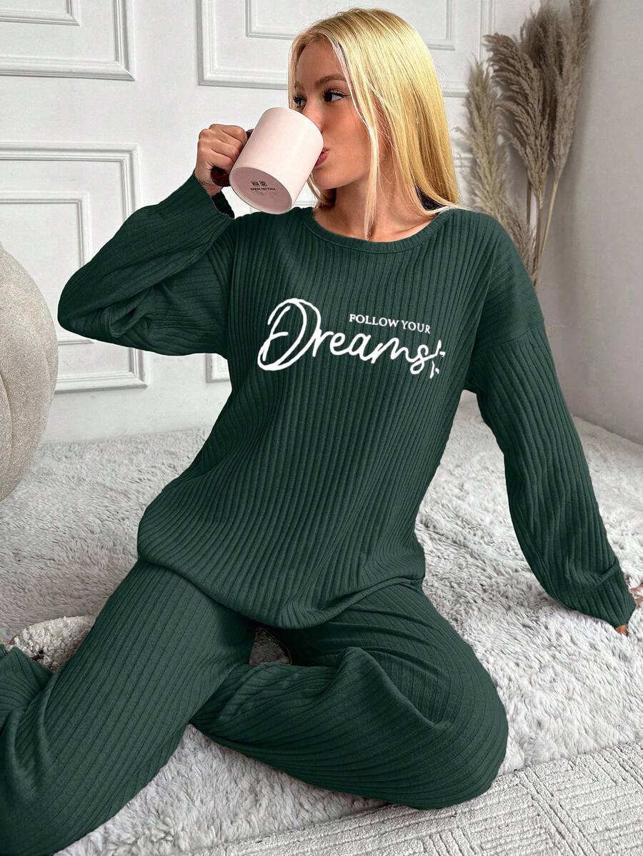 EURMUSE Women's Letter Print Top And Pants Pajama Set - Green - View 1