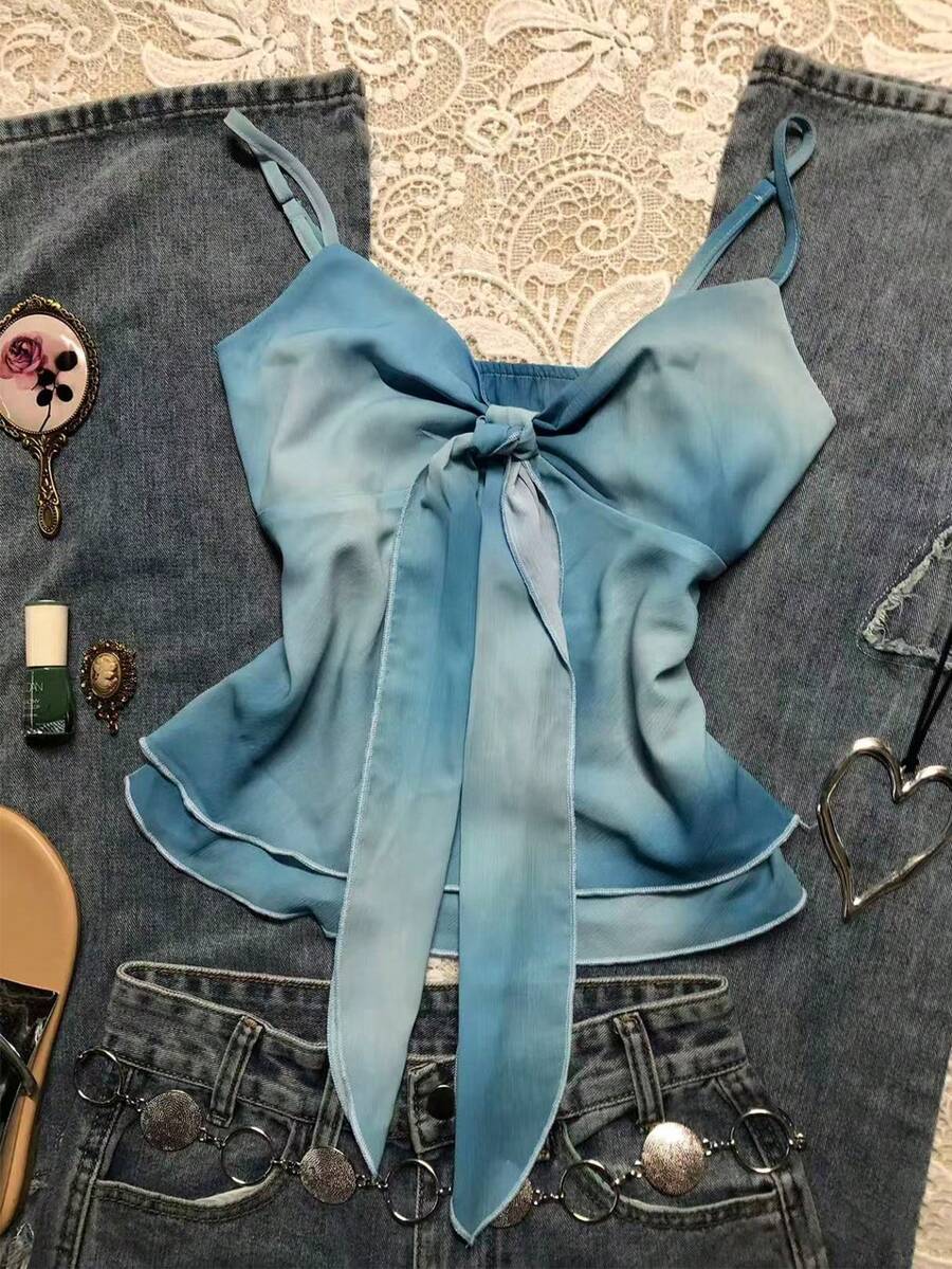 Glimmora 女士复古夏季新款渐变蓝色蝴蝶结吊带背心，宽松雪纺衬衫，精致叠穿设计上衣 - 淺藍色 - 查看 1