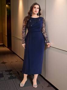 Modelyn Plus Size Women Contrast Lace Long Sleeve Ruffle Elegant Fitted Dress Sequin Detail Dress Fall - Navy Blue - View 8