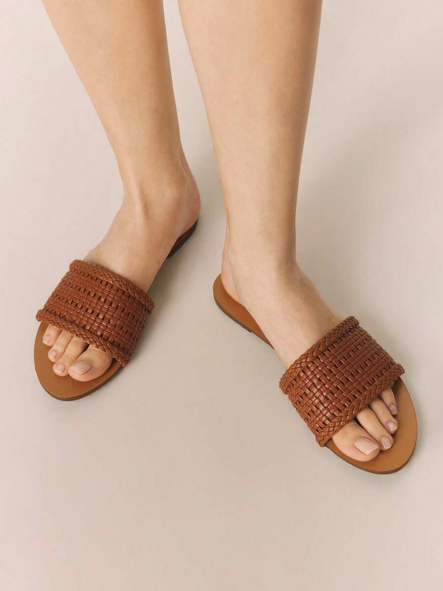 Styleloop Stylish Woven Sandals With Flat Bottom, Comfortable Mule Sandals, Holiday Style Sandals, Flat Sandals, Beach Sandals - Camel - View 1