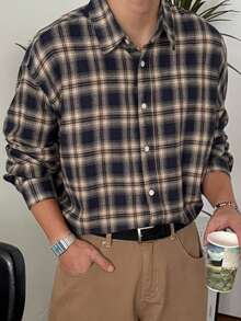 DAZY Áo sơ mi nam kẻ caro dáng rộng, thích hợp cho mùa xuân và mùa thu. - màu đen - Xem 4