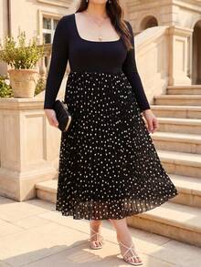 ELLERISSA Plus Size Elegant Polka Dot Print Pleated Midi Dress For Women, Soft Fitted Top Long Sleeves And Pleated Skirt, Dress For Office Wear Or Commuting, Formal Dress, Date Night Dress, Autumn/Winter Women Dress - Multicolor - View 4