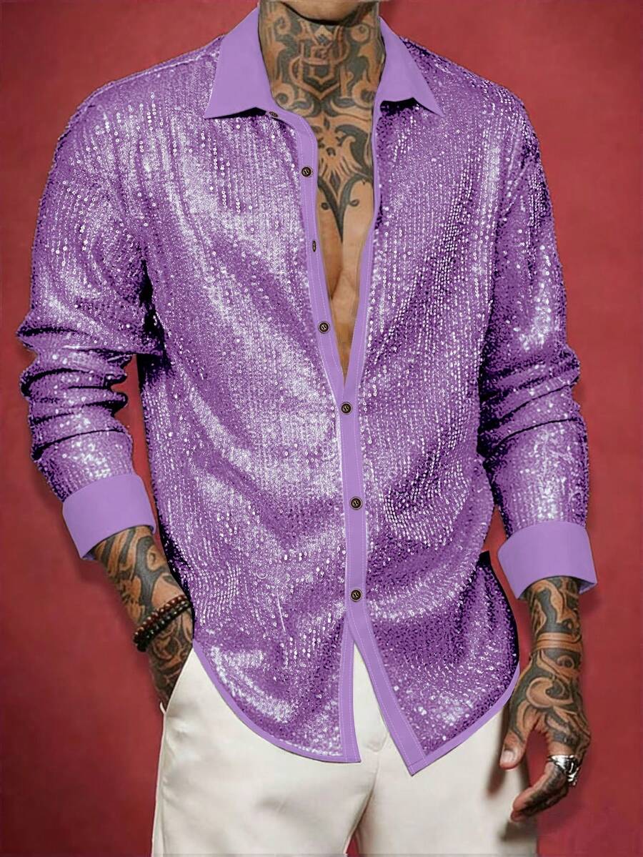 Manfinity AFTRDRK Áo sơ mi dài tay màu trơn đính sequin thời trang nam, thích hợp cho các buổi tiệc đêm, câu lạc bộ. - Màu tím - Xem 1
