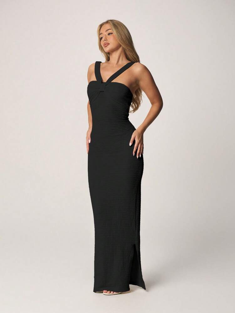 MISSGUIDED Women's Textured Stretch Bodycon Twist Bust Halter Maxi Dress With Side Slit