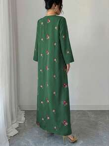 Yasmyna 女士优雅花卉蕾丝V领宽松阿拉伯风格连衣裙，适合春秋季穿着 - 墨綠色 - 查看 3