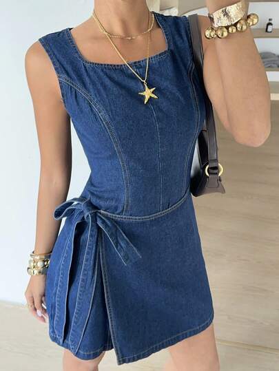 Siren Gaze Women's Solid Color Knotted Square Neck Casual Sleeveless Denim Jumpsuit And Overalls