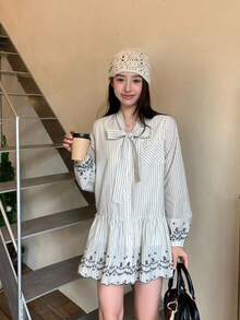 DAZY Women's Striped Korean Style Embroidered Bow Mini Dress, Casual For Party, Holiday Floral Dresses For Women - Apricot - View 7