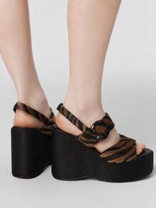 ROMWE Grunge Punk 厚底凉鞋 女士拖鞋 鱼嘴坡跟 时尚女鞋 - 棕色 - 查看 2