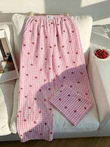 Comfortcana Light Pink Plaid Strawberry Embroidered Woven Women's Pants - Baby Pink - View 4
