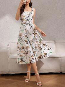 Rafferiza 女士时尚优雅印花收腰连衣裙 - 黃色 - 查看 6