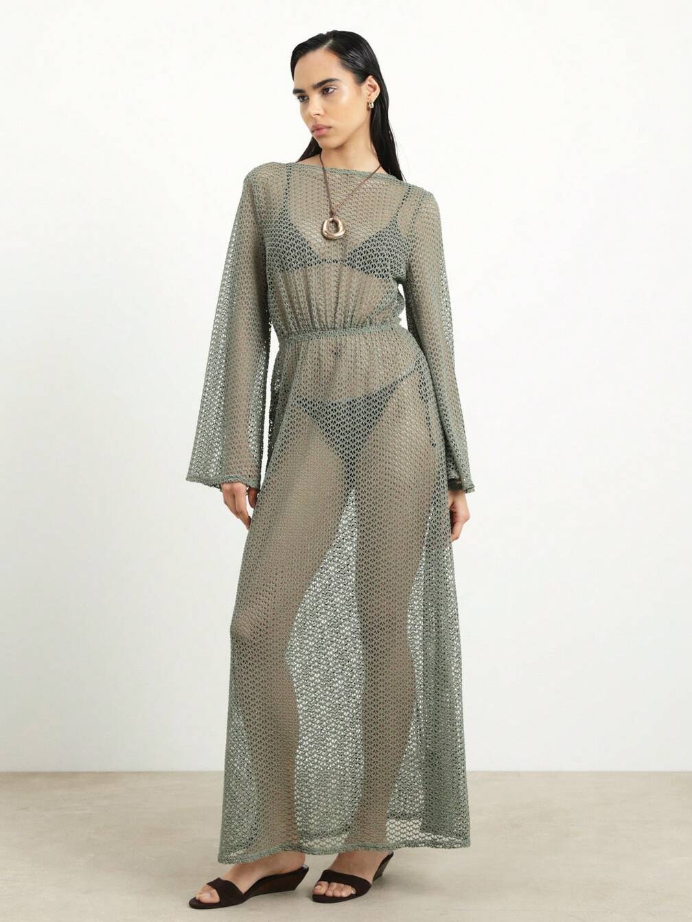 sage green crochet dress KSTM Sage Green Eyelet Mesh Crochet Maxi Dress Cover Up With Long Flared  Sleeves And Tie Back Detail｜MISSGUIDED