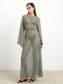 KSTM Vestido largo tipo cubre con mangas largas acampanadas y detalle de lazo en la espalda, de malla de ganchillo y ojales en color verde salvia - Verde - Ver 1