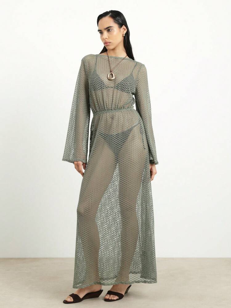 KSTM Sage Green Eyelet Mesh Crochet Maxi Dress Cover Up With Long Flared Sleeves And Tie Back Detail