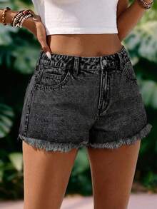EMERY ROSE Plus Size Women's Casual Denim Frayed Hem Shorts - Light Grey - View 4