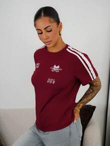 SAYEHFBABY Camiseta casual de mujer de manga corta para verano con estampado de letra de estilo motocicleta y decoración a rayas, ropa de otoño - Burdeos - Ver 5