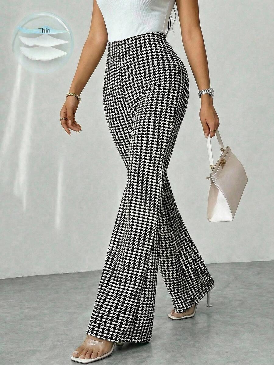 Editum 优雅的千鸟格印花针织弹力高腰直筒裤，适合夏季穿着，通勤、外出、约会和居家休闲都非常合适。 - 黑與白 - 查看 1