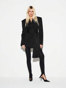 KIZN Gaun Mini Blazer Satin Lengan Panjang Elegan dengan Detail Sabuk untuk Acara Malam Hari Musim Dingin dan Gugur - Hitam - View 3