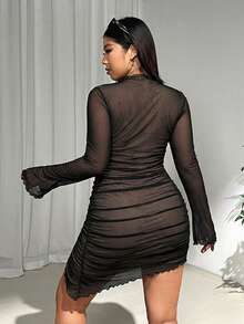 SHEIN EZwear Plus Size Asymmetrical Hem Pleated Polyester-Spandex Knit Dress - Multicolor - View 2