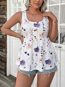 Comfylo Textured Knit Printed Cinched Waist Plus Size Tank Top, Going Out Tops - Purple - View 3