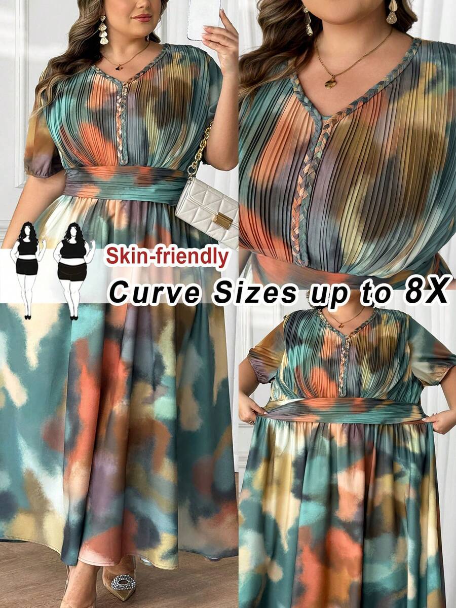 SHEIN CURVE+ 大码V领扎染图案优雅浪漫收腰A字型长裙