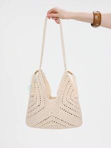 1 Starfish Shell Handmade Crochet Openwork Beach Vacation Style Straw Woven Shoulder Bag/Tote Bag With Drawstring Inner Pocket. - Multicolor - View 6