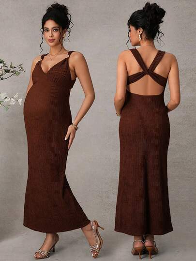 Momance Knitted Maternity Dress, Gold Button Decor Backless Maternity Dress, Brown Maternity Dress, Elegant Backless Sleeveless Dress For Women, Summer Bodycon Maxi Dress, Retro Comfortable Casual Outfit, Outdoor Apparel