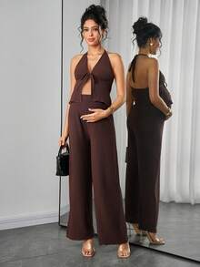 Momance 女士夏季露背系带上衣 + 可调节腰围裤子两件套，孕妇装 - 棕色 - 查看 3