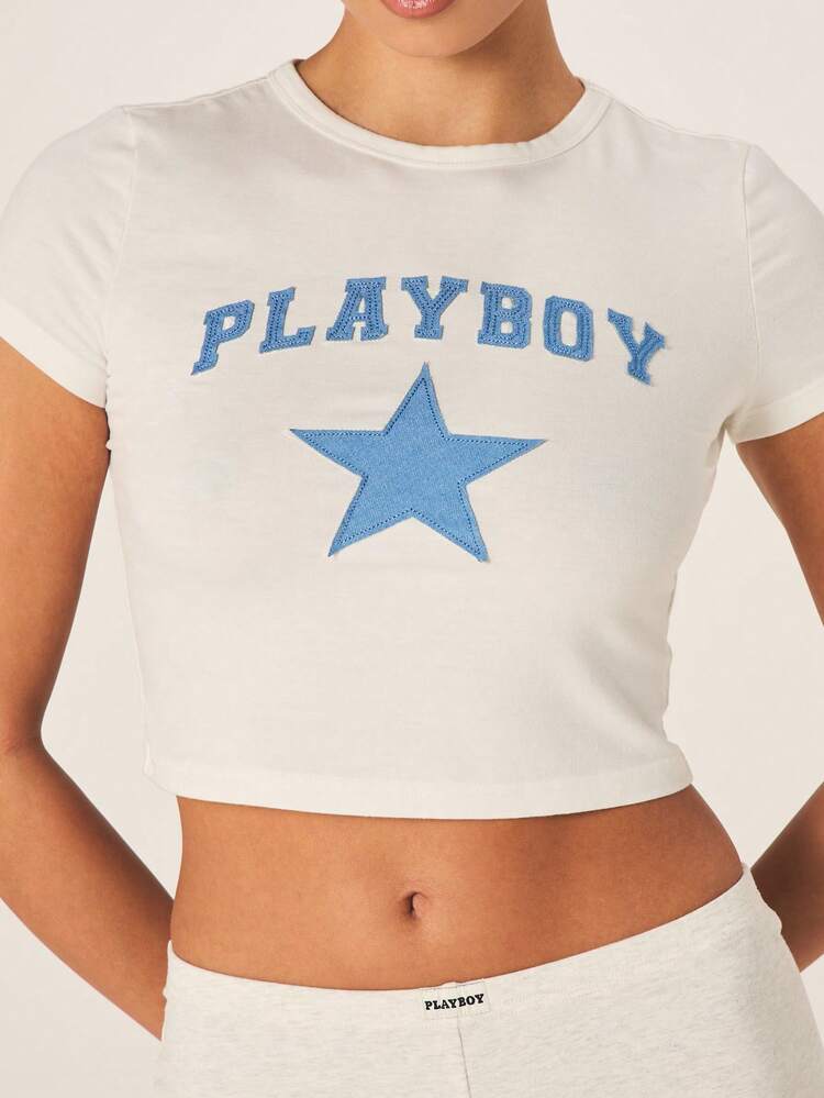Missguided x Playboy Women Cream Graphic Crop T-Shirt Short Sleeve Star Logo Print Fitted Tee Casual Summer Top