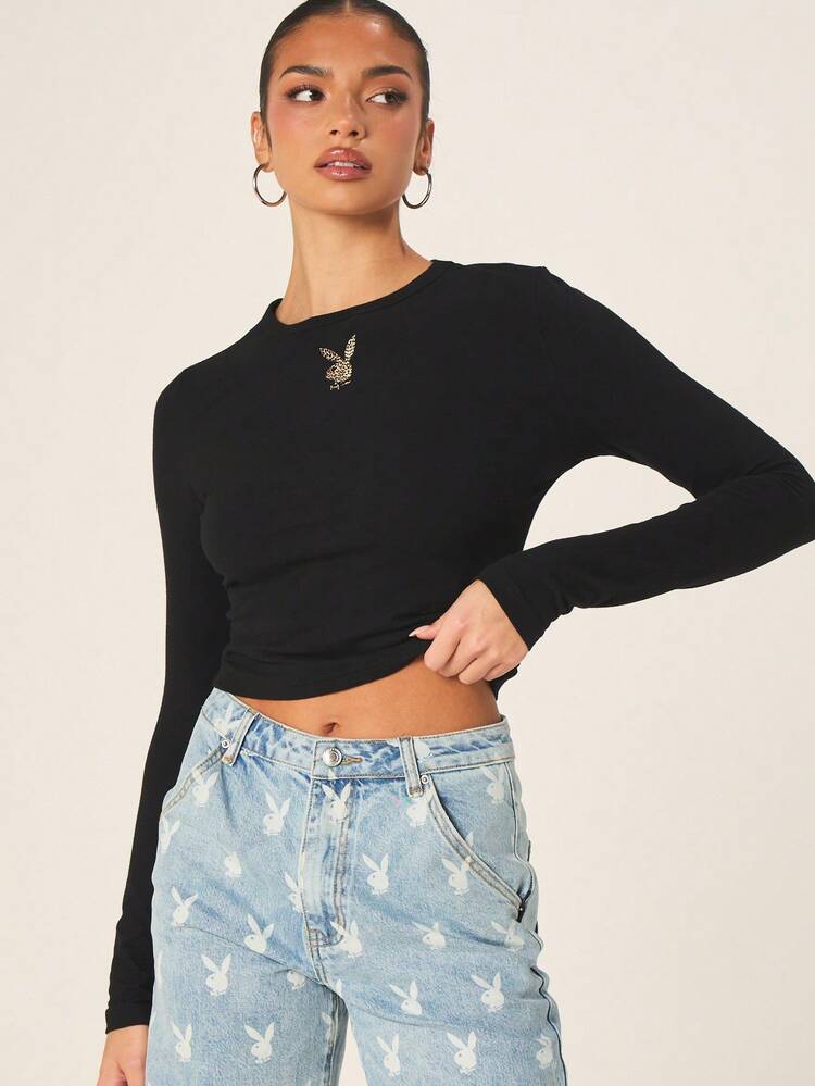 Missguided x Playboy Women's Long Sleeve Crew Neck Leopard Print Gold Bunny Necklace Crop Top Fall Winter Casual Basic Tee