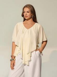 Auralis 大码纯色简约V领短袖衬衫 - 杏色 - 查看 4