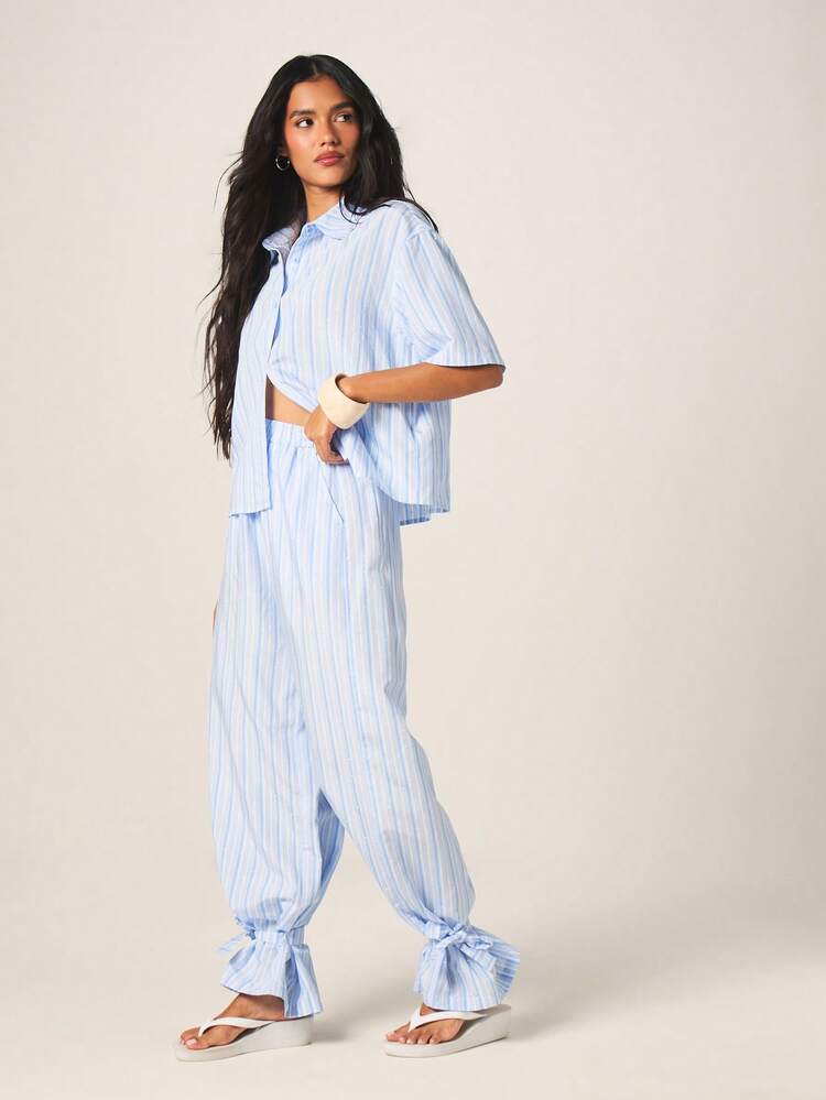 MISSGUIDED Pantalones palazzo de pierna ancha a rayas para mujer con detalle de tobillo con cordón, cintura elástica, pantalones informales de verano ligeros para estar en casa