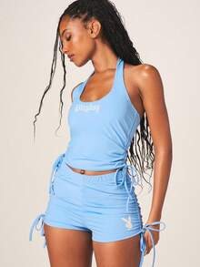 Missguided x Playboy 夏季休闲装，露背吊带抽绳背心，饰有兔子图案。 - 藍色 - 查看 1