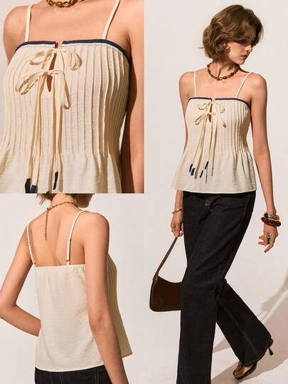 Poéselle Women's Casual Vacation Style Everyday Commute Contrast Trim Knot Front Pleated Camisole,Bow Tie Woven Camisole Top For Women, Spaghetti Strap Pleated Summer Shirt, Lightweight Casual Cami With Contrast Trim,Summer Top,French-Style  Top