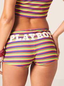 Missguided x Playboy Bộ đồ bơi hai mảnh mùa hè dành cho nữ, gồm áo croptop kẻ sọc và quần short ngắn, in hình thỏ, chi tiết khoét hở, cổ yếm. - Nhiều màu - Xem 6