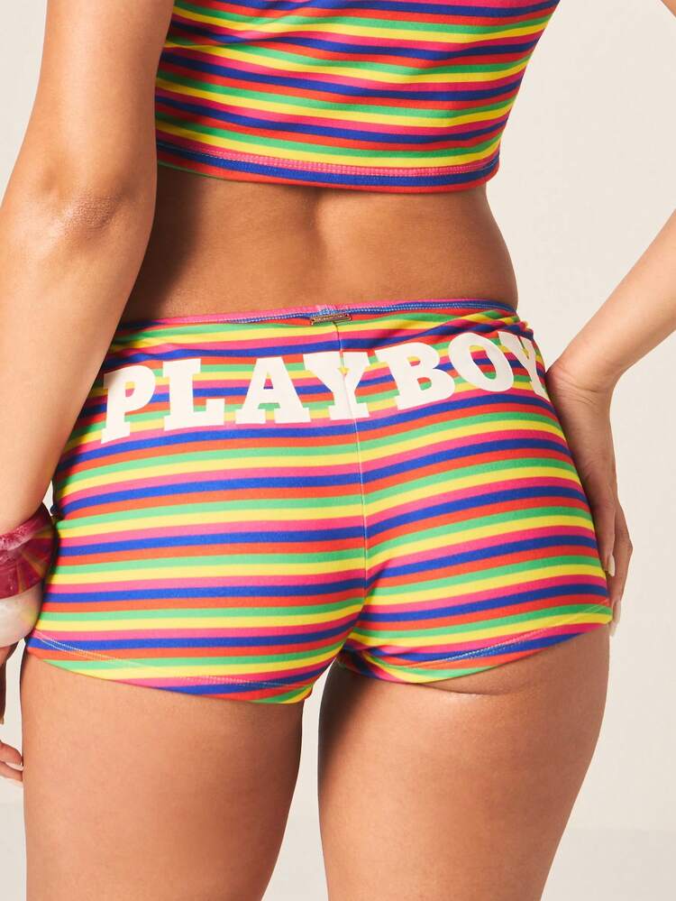 Missguided x Playboy Beach Women's Striped Crop Top And Booty Shorts Set With Bunny Print Cut Out Detail Halter Neck Summer Two Piece Swimwear Cover Up