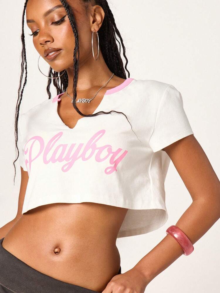 Missguided x Playboy Women Notch Neck Boxy Crop Top Short Sleeve Casual Summer Pink Script Print Tee