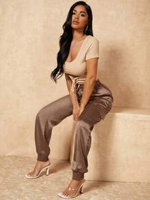 SHEIN SXY Spring And Summer Satin Drawstring Waist Black Casual Women's Trousers - Khaki - View 3