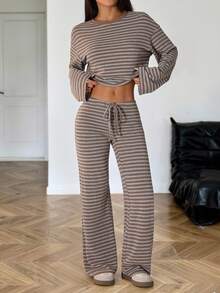 SHEIN PETITE Áo thun sọc nâu + Quần dài buộc eo, trang phục đi làm tối giản cho nữ - màu nâu - Xem 4