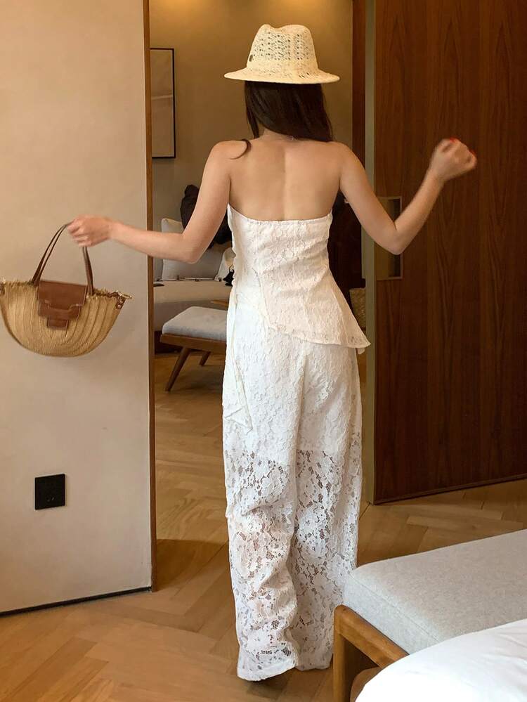 Women's Elegant Lace Camisole Top With Asymmetrical Hem & Tie-Up Wide Leg Pants Summer 2 Pieces Suit
