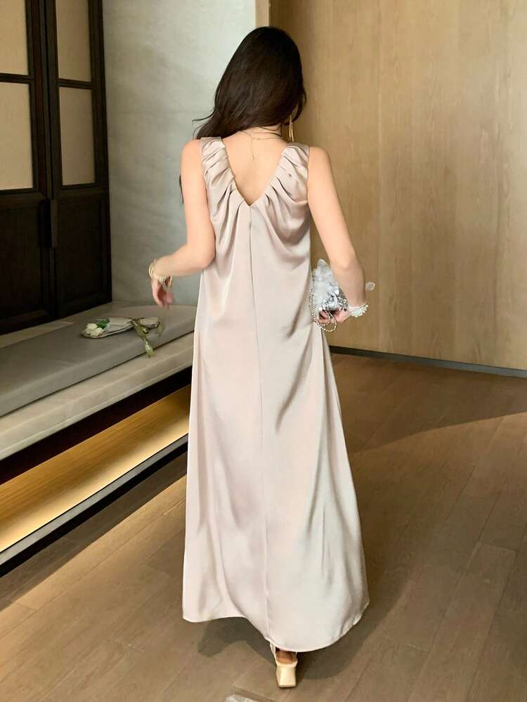 Women's Solid Color V-Neck Pleated Design Sleeveless Elegant Dress Cocktail Dress Sun Dresses For Women Summer