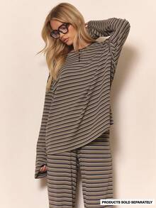 MUSERA 条纹落肩宽松长袖纽扣领上衣，可爱酷女孩舒适秋季日常清新女孩休闲田园风复古奶油糖色优雅春夏假日风 - 彩色 - 查看 1