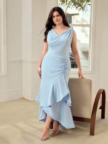 MOTF PREMIUM PLUS SIZE ELEGANT ROMANTIC RUFFLE HEM RUCHED DRESS - Blue - View 8
