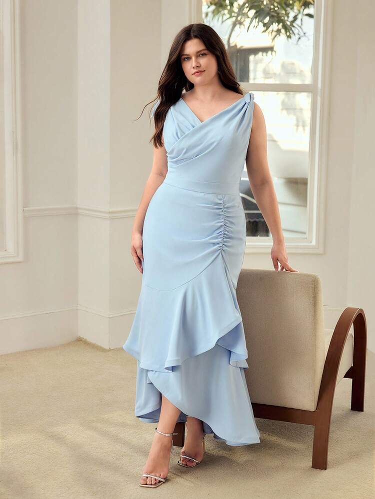 PLUS SIZE ELEGANT ROMANTIC RUFFLE HEM RUCHED DRESS