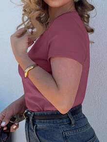 Jeta Ari Solid Color Embroidered Heart Short Sleeve T-Shirt Summer,Business Casual Women - Purple - View 3