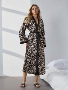 HautHeat Women's Comfortable Leopard Print Trim Loose Long Sleeve Robe - Coffee Brown - View 3