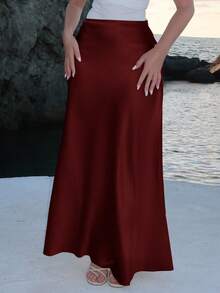 Turnttoni 女士优雅缎面及地鱼尾裙，百搭日常连衣裙 - 紫紅色 - 查看 5